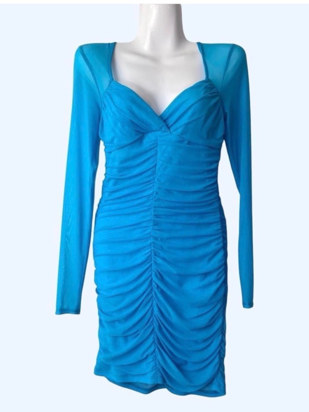 Long Sleeve Ruched Bodycon Dress in Bright Turquoise
